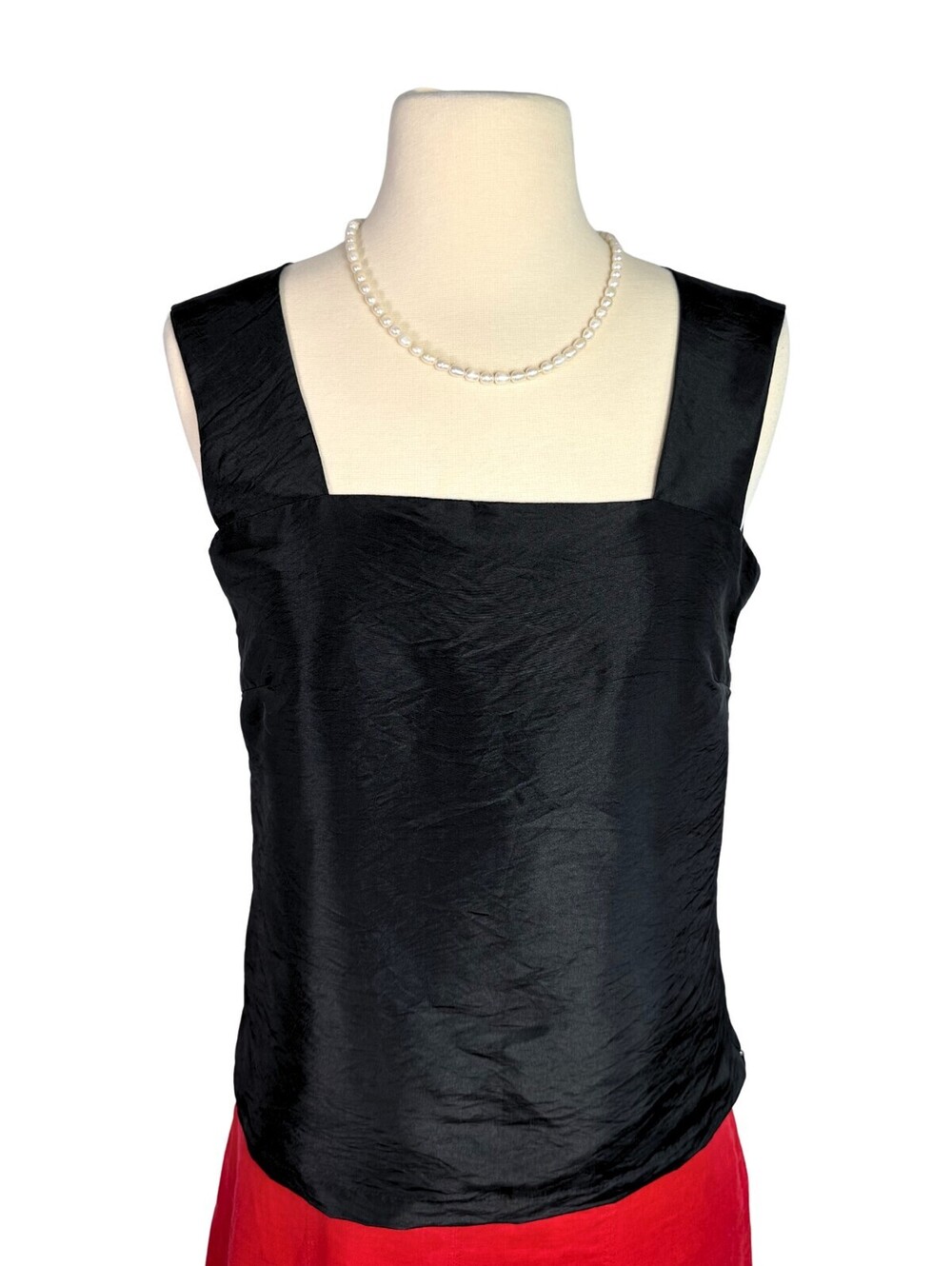 Vintage Y2K Black Satin Square Neck Tank Top Minimalist Shell Blouse Small